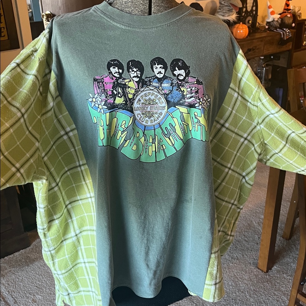 Green Beatles  Long Sleeve Flannel Teeshirt
1X-2X